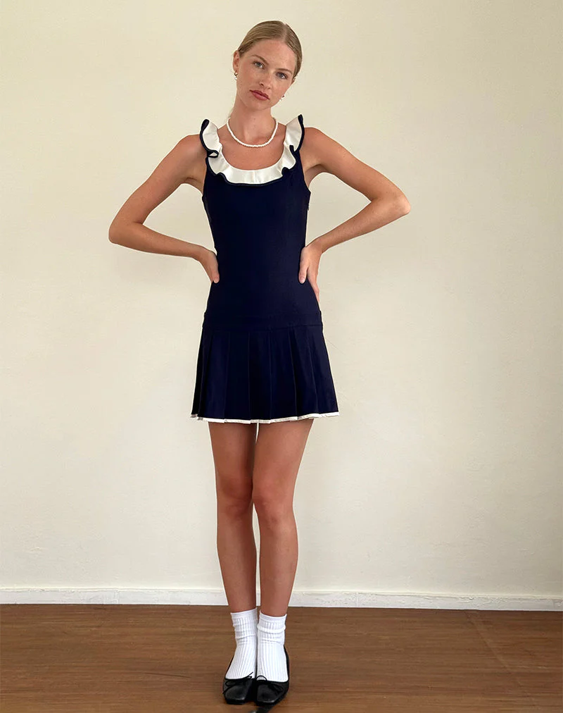 Busari Frill Neck Mini Dress in Navy - Image 3