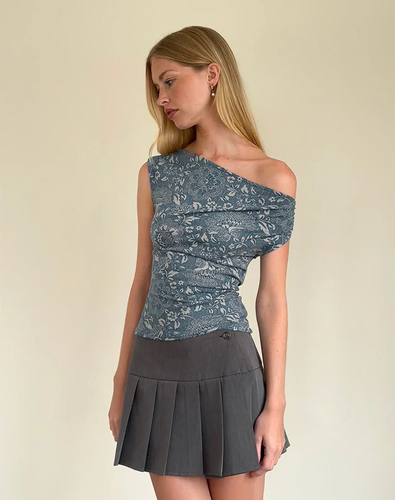Calypso Top in Blue Ornate Print Lycra - Image 2