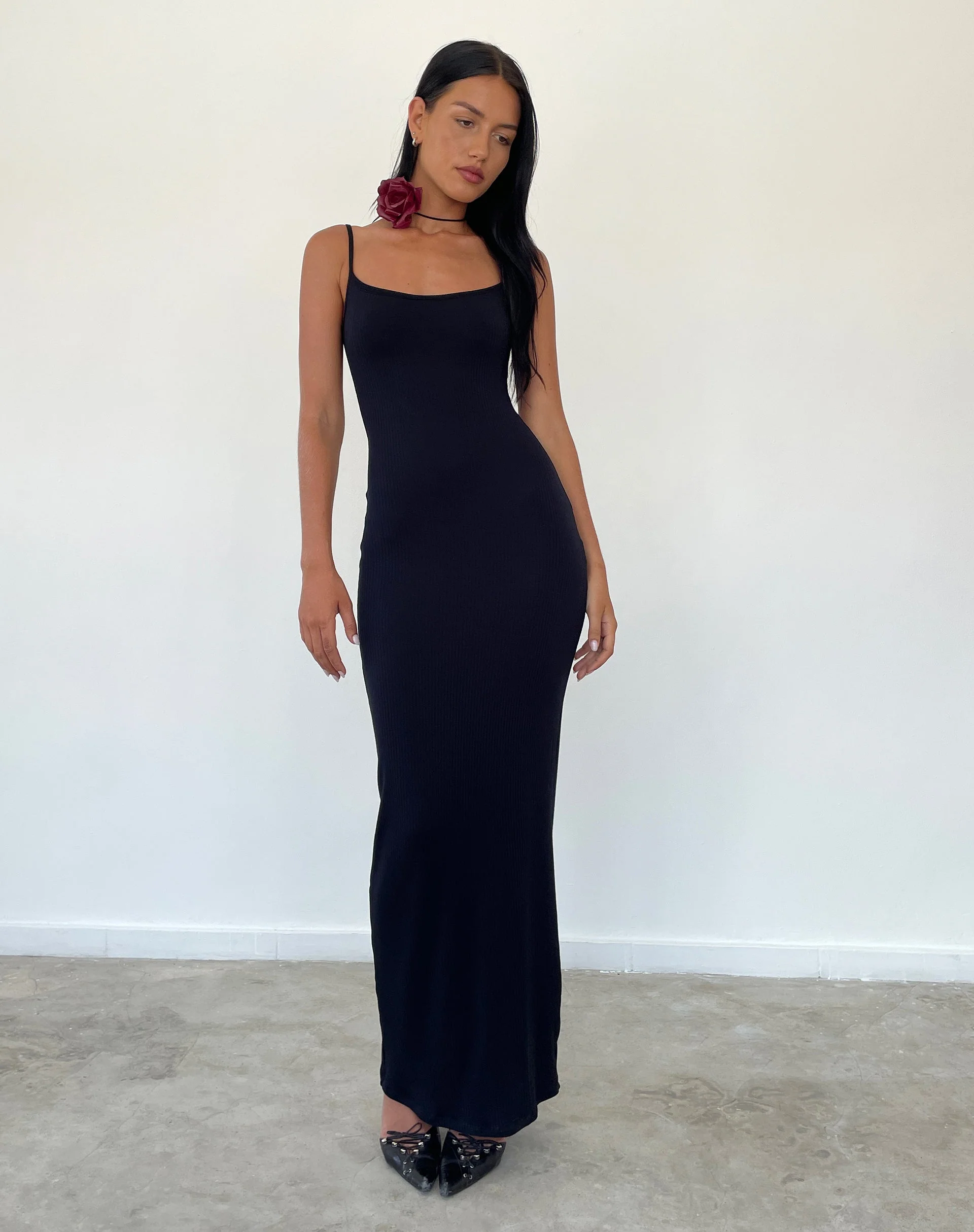 Cantha Strappy Maxi Dress in Black Rib - Image 2