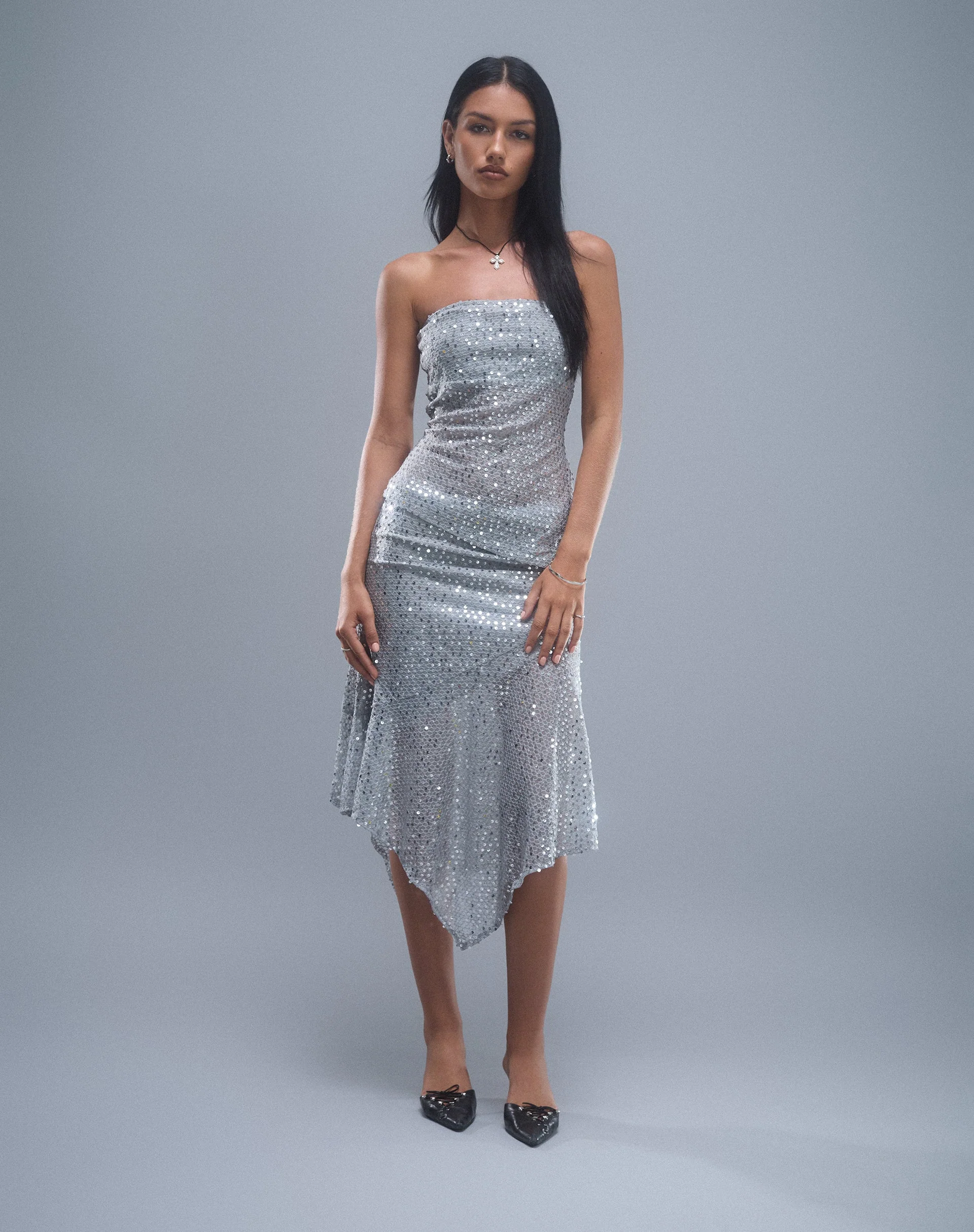 Carita Midi Skirt in Sequin Knit Silver - Image 2