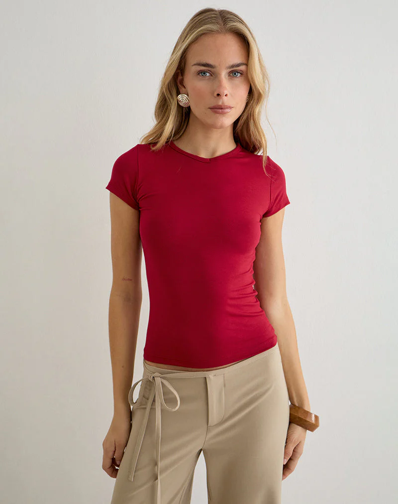 Cash High V Neck Top in Adrenaline Red