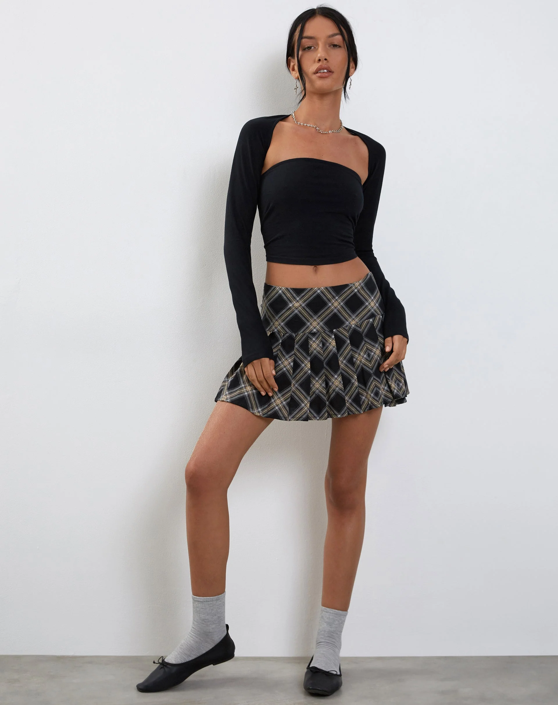 Casini Pleated Micro Skirt in Black and Grey Check - Image 2