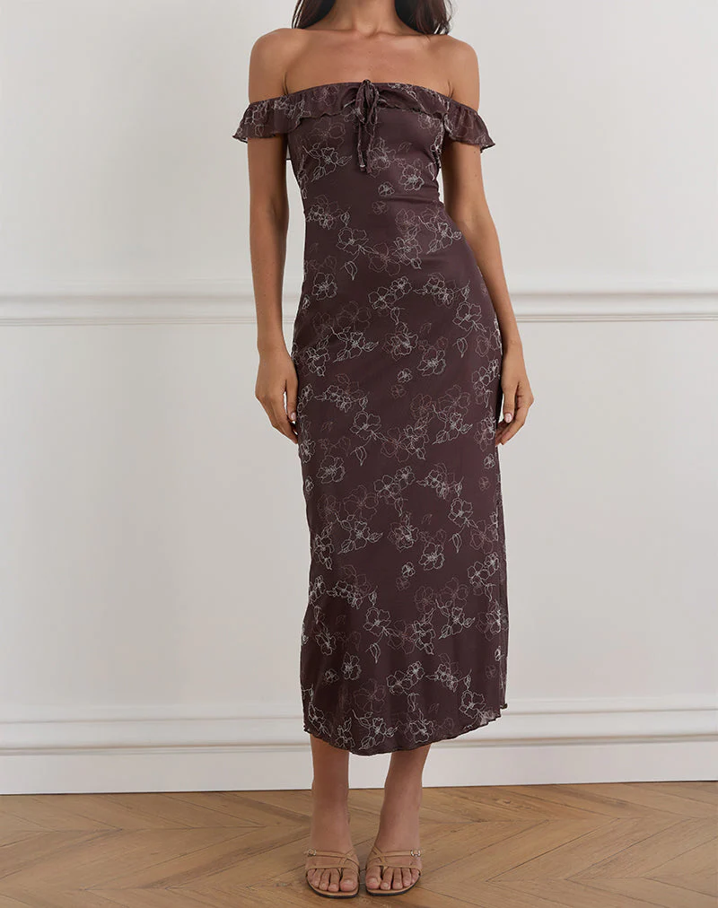 Catrin Midi Dress in Doodle Flower Flock Brown - Image 2