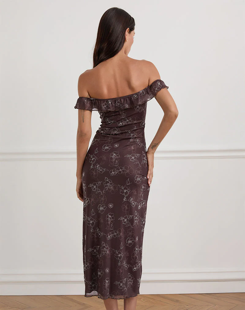 Catrin Midi Dress in Doodle Flower Flock Brown - Image 5