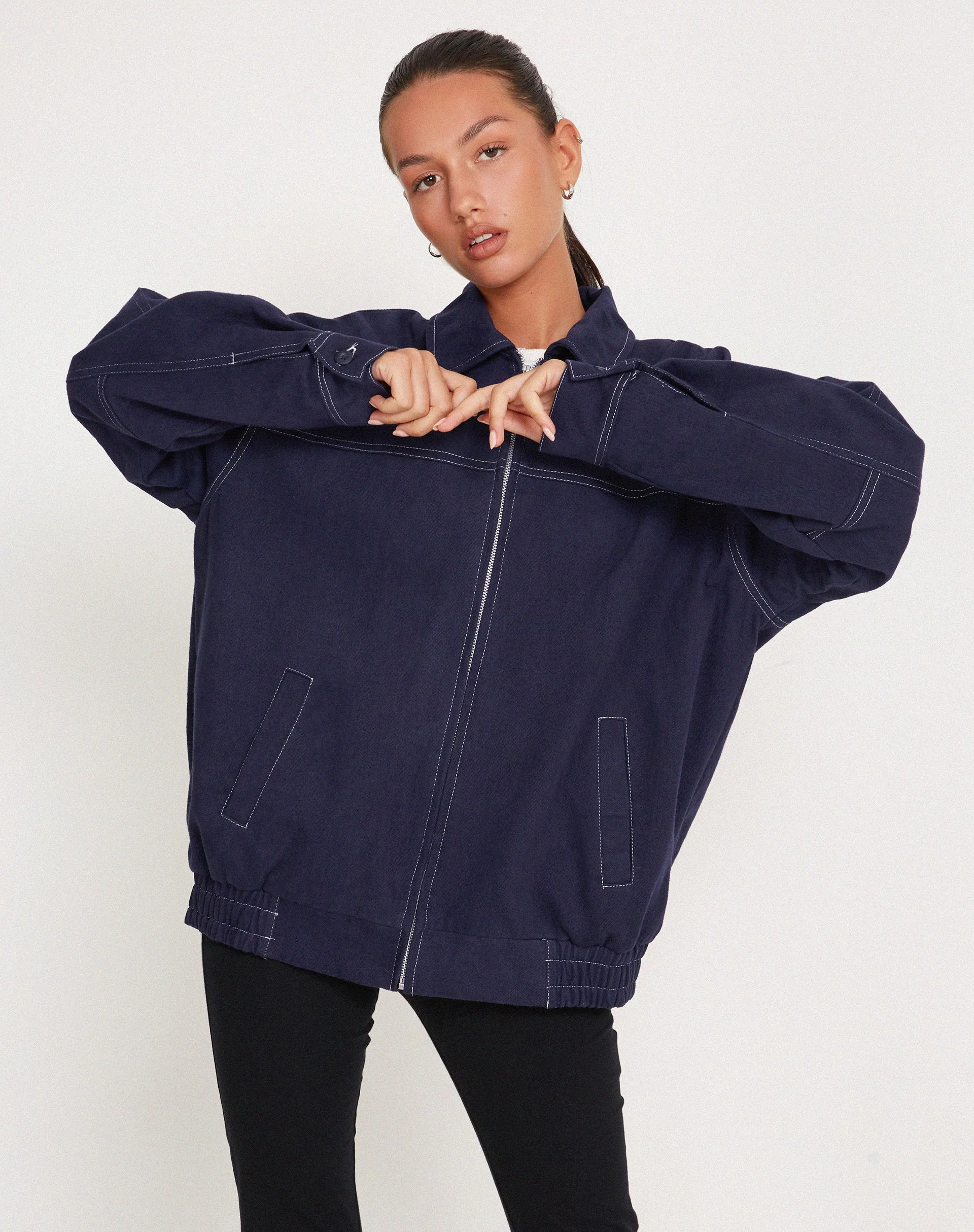 Cavitana Jacket in Deep Blue with White Top Stitch - Image 4