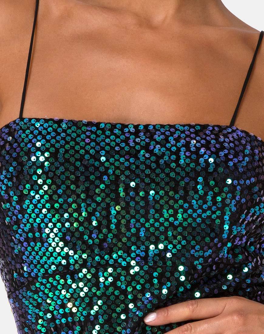 Cecile Slip Dress in Velvet Green Iridescent Sequin - Image 5