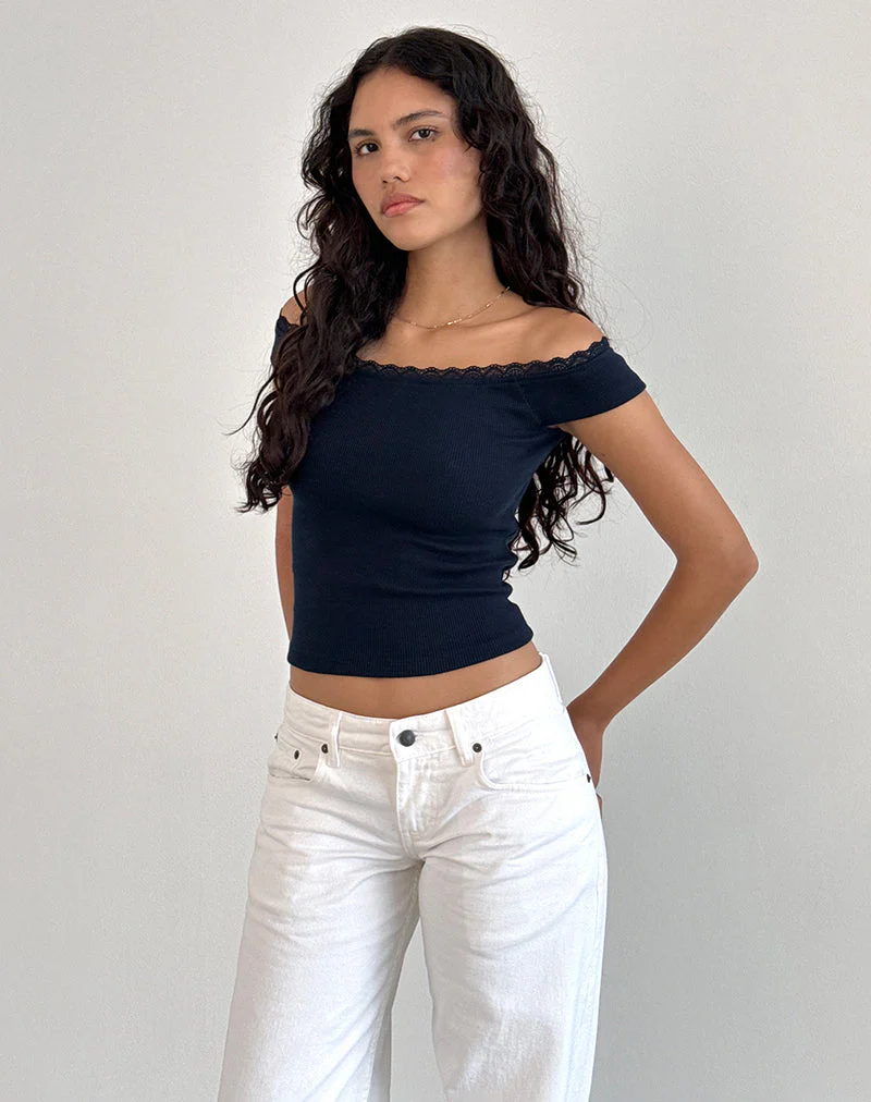 Chacha Bardot Top in Rib Lace Navy - Image 2