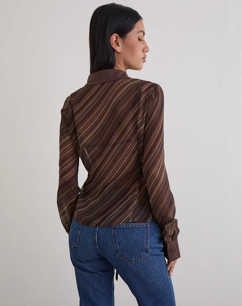Christabel Shirt in Chiffon Mix Brown Stripe - Image 3