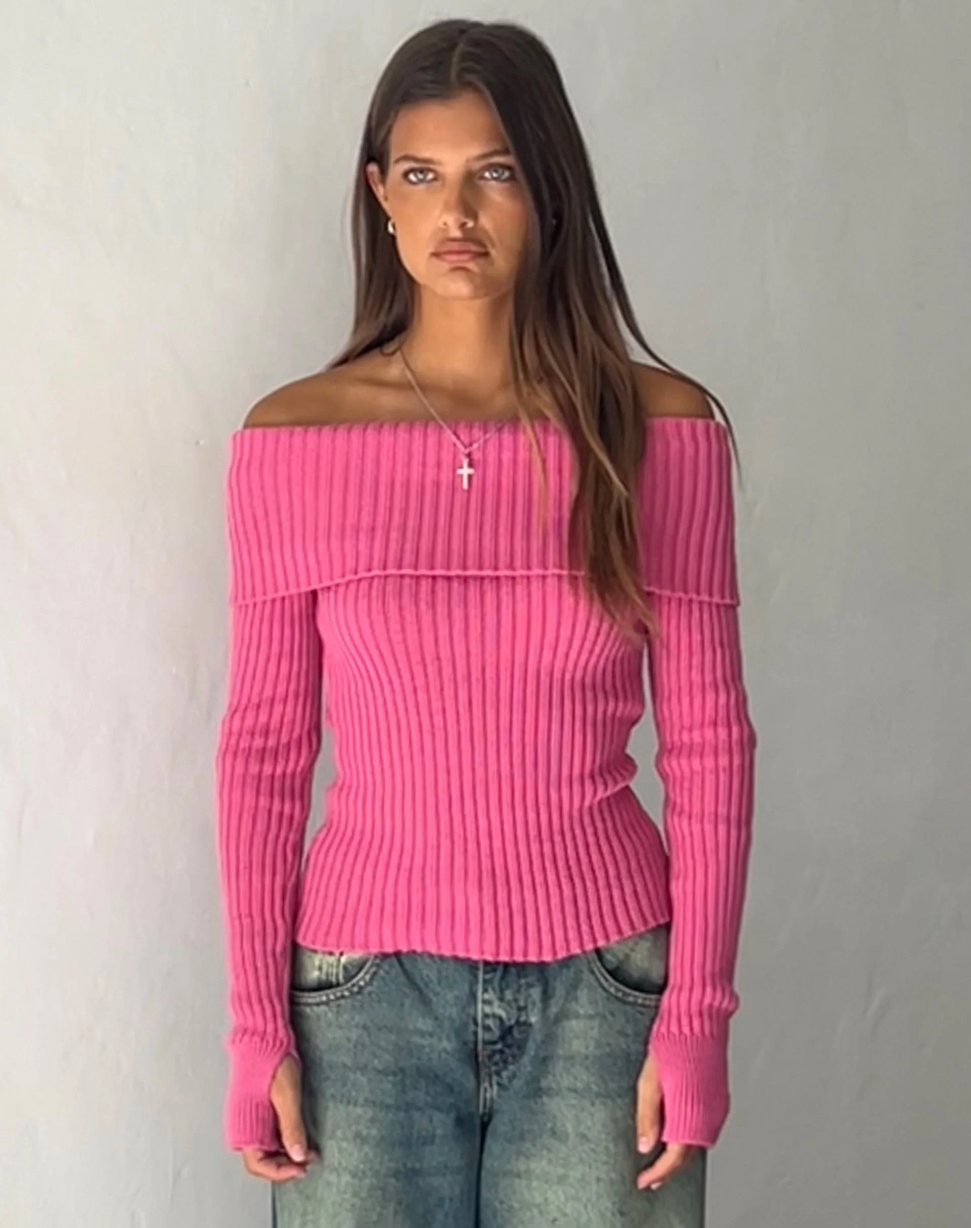 Circe Off-Shoulder Long Sleeve Knit Top in Hot Pink - Image 4