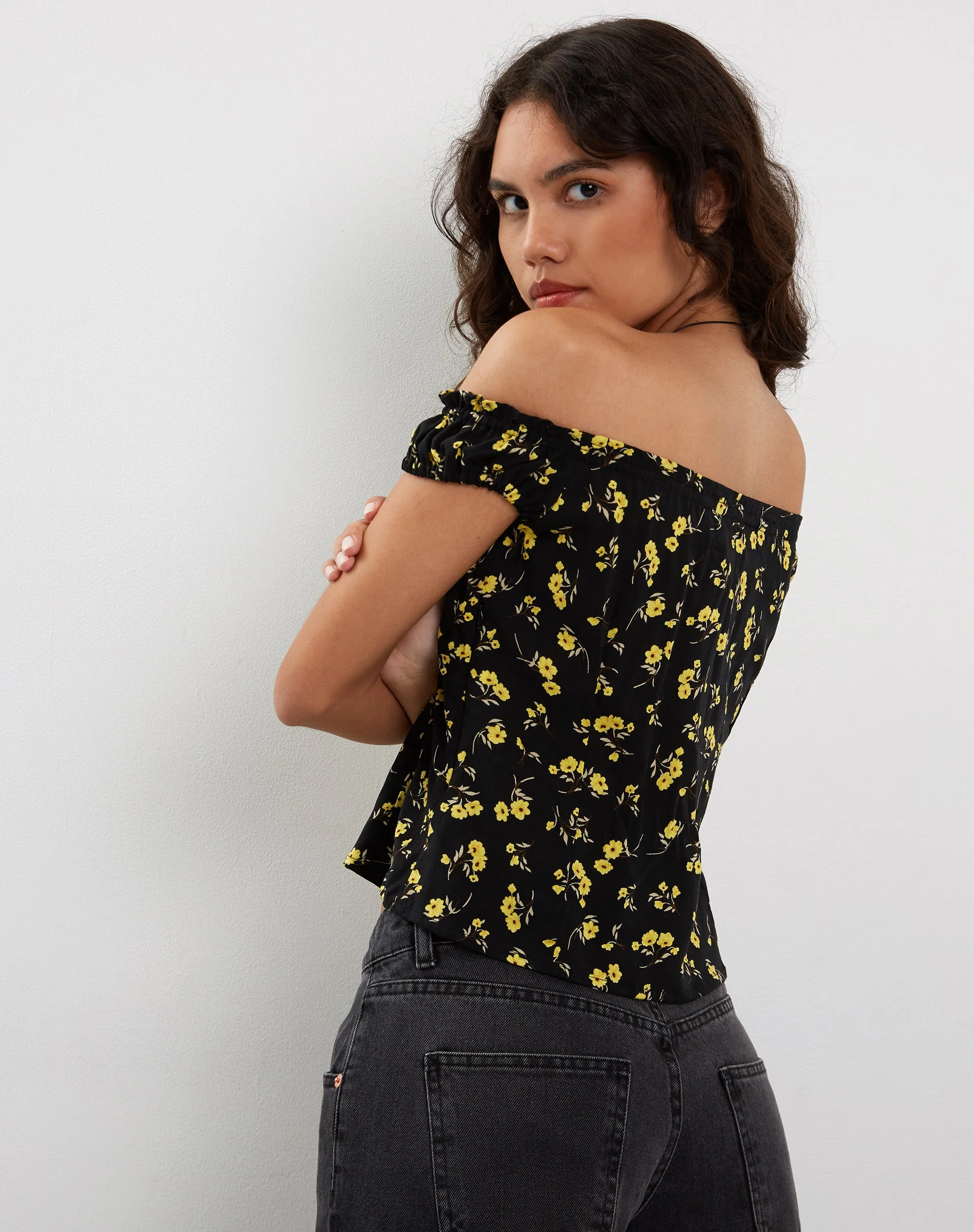 Citra Bardot Frill Top in Buttercup Black Yellow - Image 5