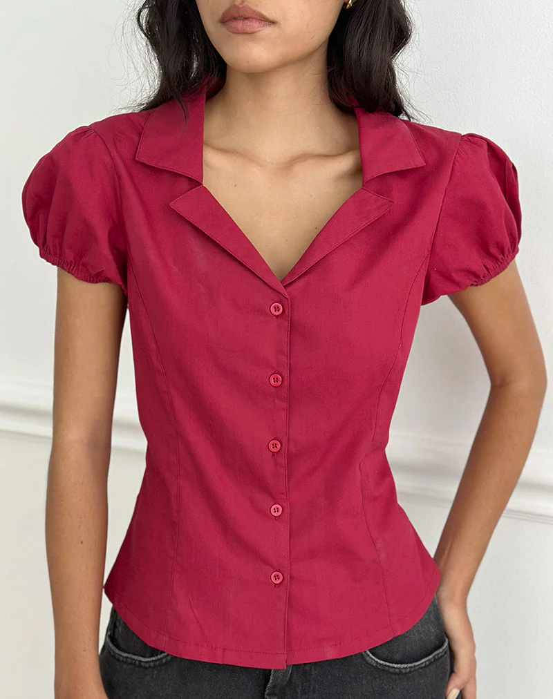 Cloma Fitted Blouse with Puff Sleeves in Adrenaline Red - Image 2