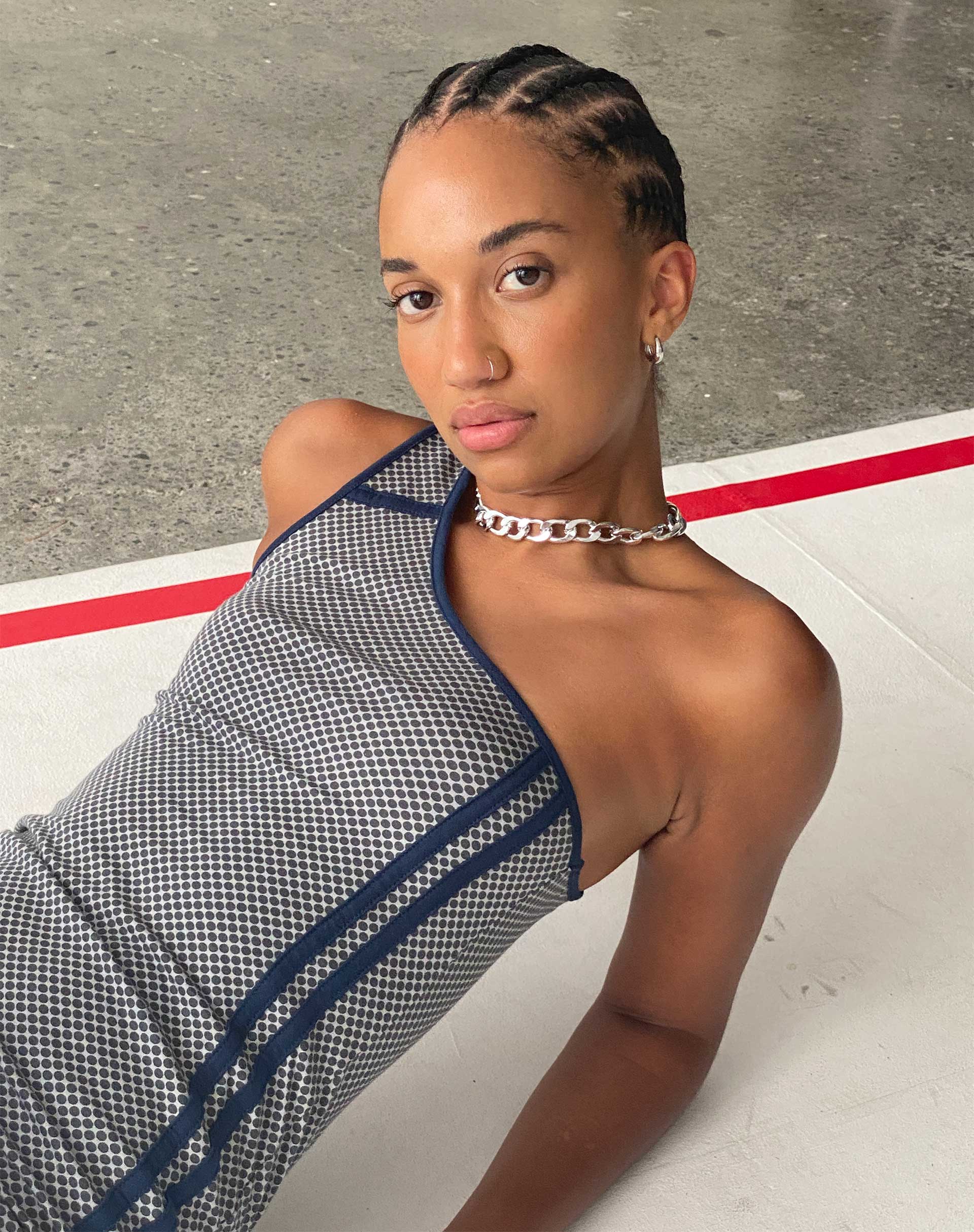 Cresida One Shoulder Midi Dress in Grey Navy Sporty Micro Spot - Image 2