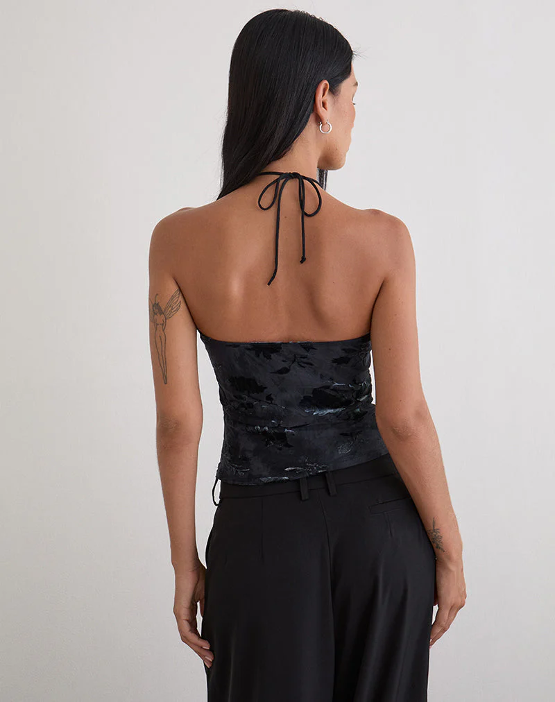 Daiki Halterneck Top in Leaf Velvet Dark Blue - Image 5