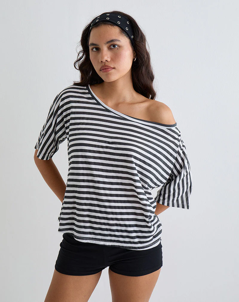 Daman Off Shoulder Basic Top in Ivory with Charcoal Stripe