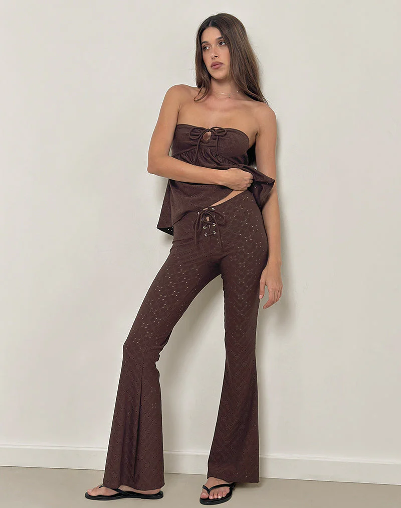 Dan Tie Front Flared Trousers in Broderie Brown - Image 2