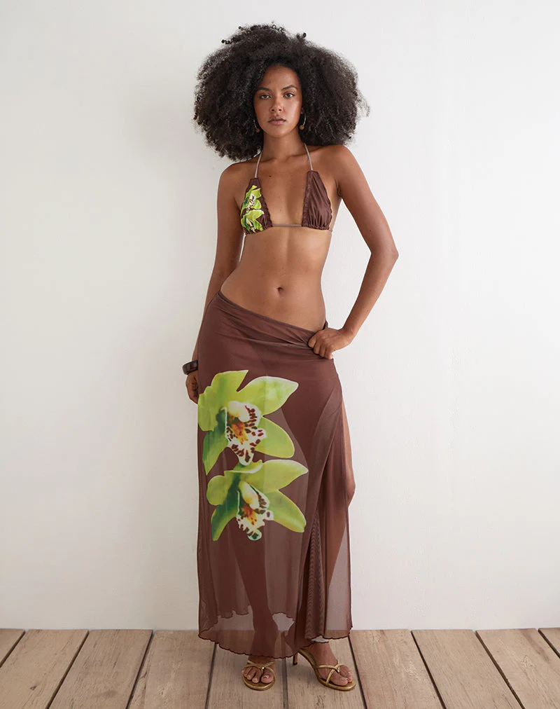 Dartina Maxi Slip Skirt in Brown with Green Dendrobium Flower - Image 3