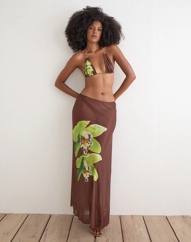 Dartina Maxi Slip Skirt in Brown with Green Dendrobium Flower - Image 5