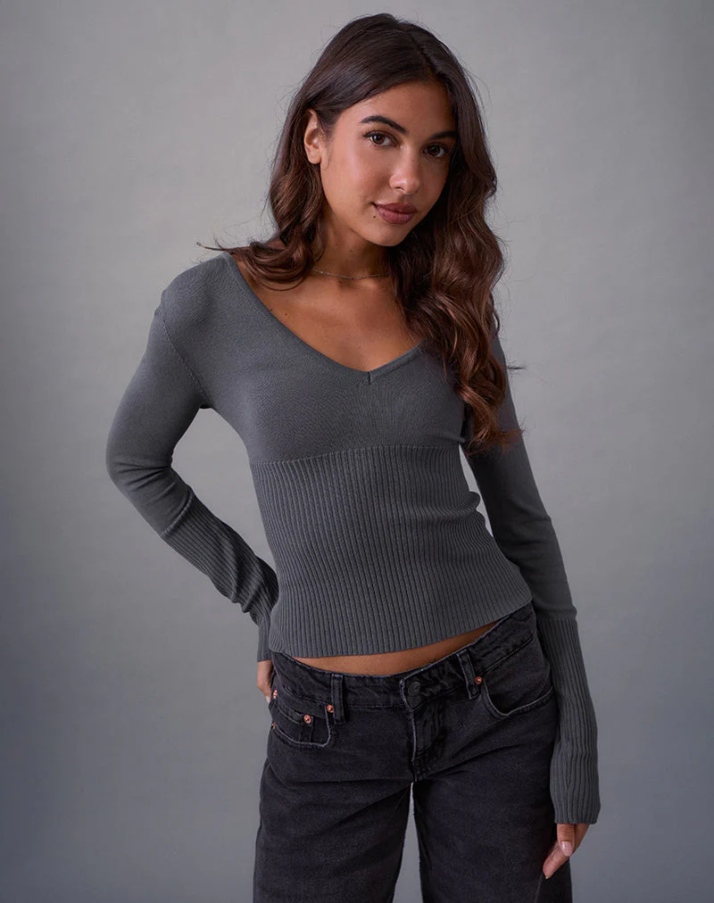 Darya Long Sleeve Knit Top in Slate Grey - Image 3
