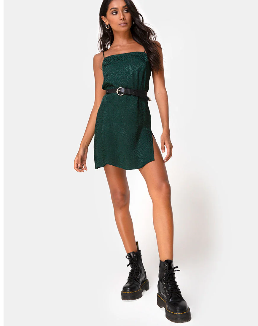 Datista Slip Dress in Satin Cheetah Forest Green - Image 3