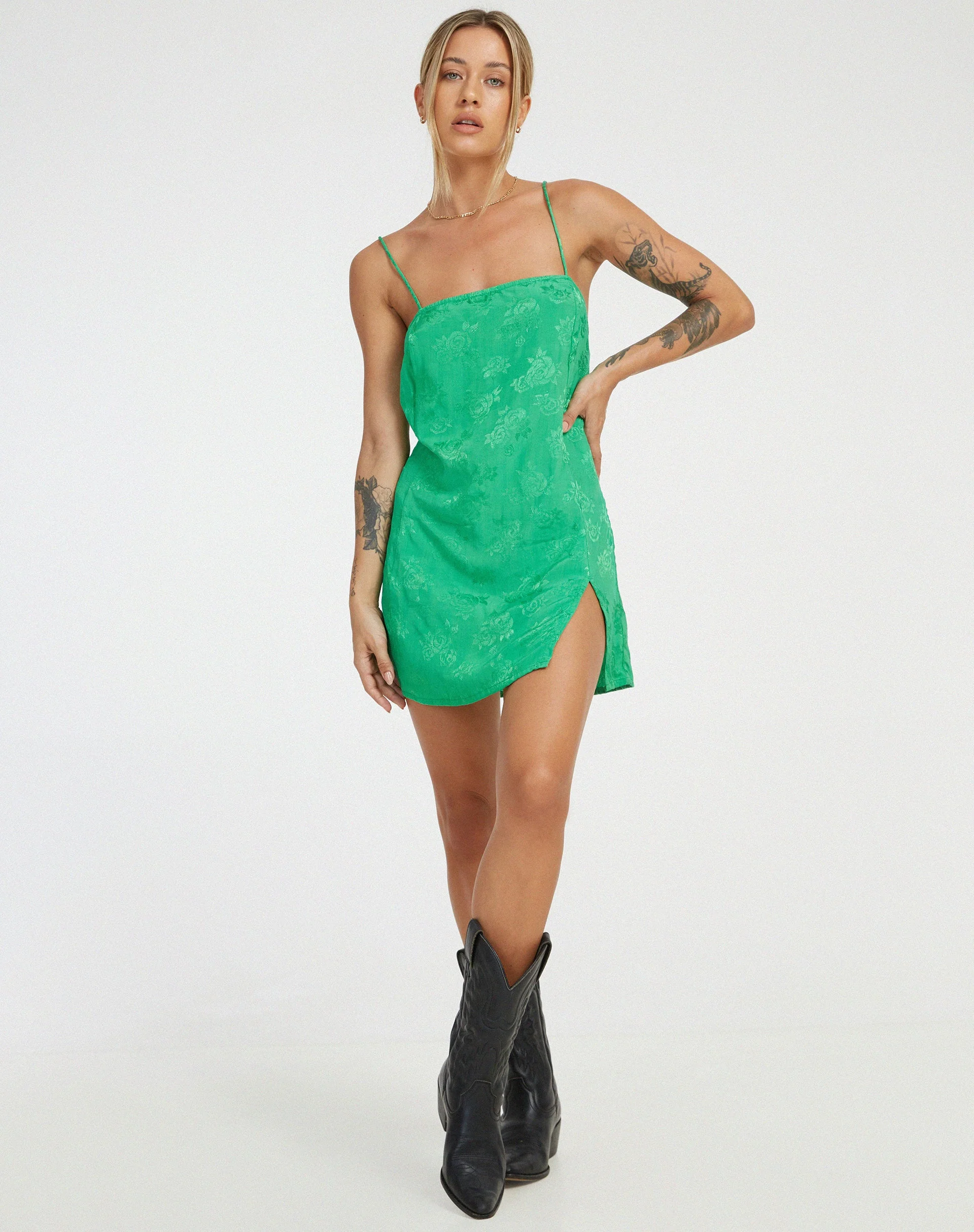 Datista Mini Dress in Satin Rose Jade Green - Image 3