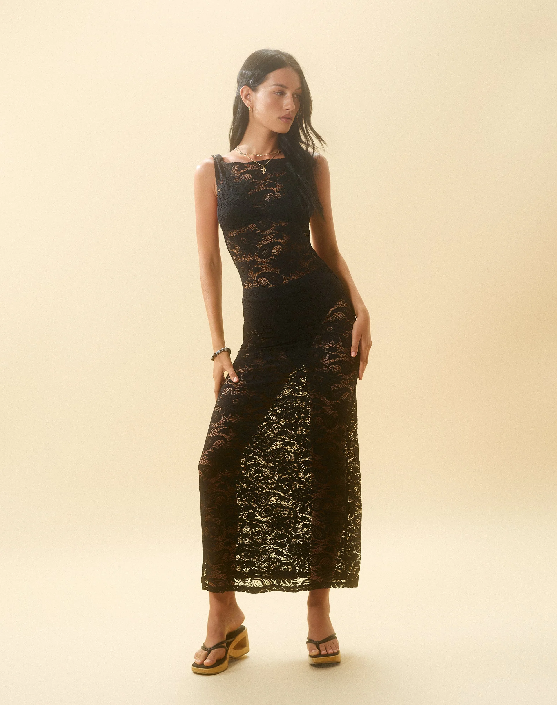 Daudy Tie Back Lace Maxi Dress in Jet Black Lace - Image 4