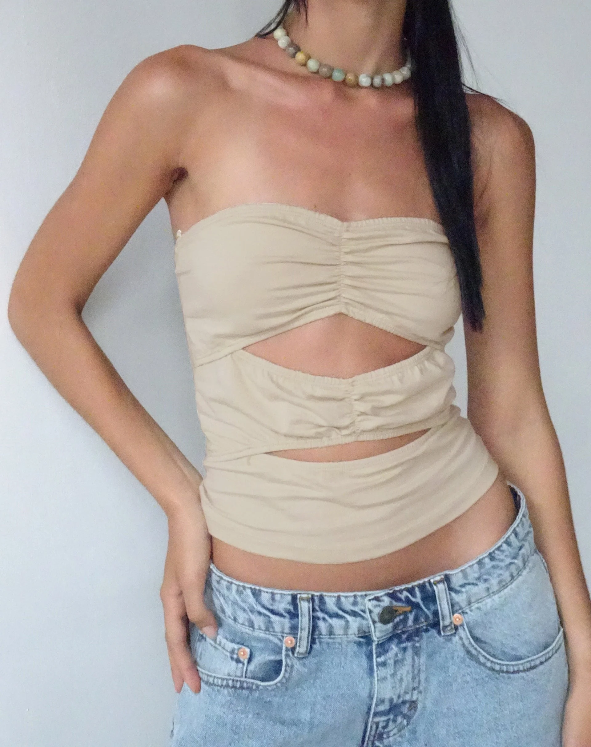 MOTEL X JACQUIE Dayu Bandeau Crop Top in Coconut Milk - Image 2