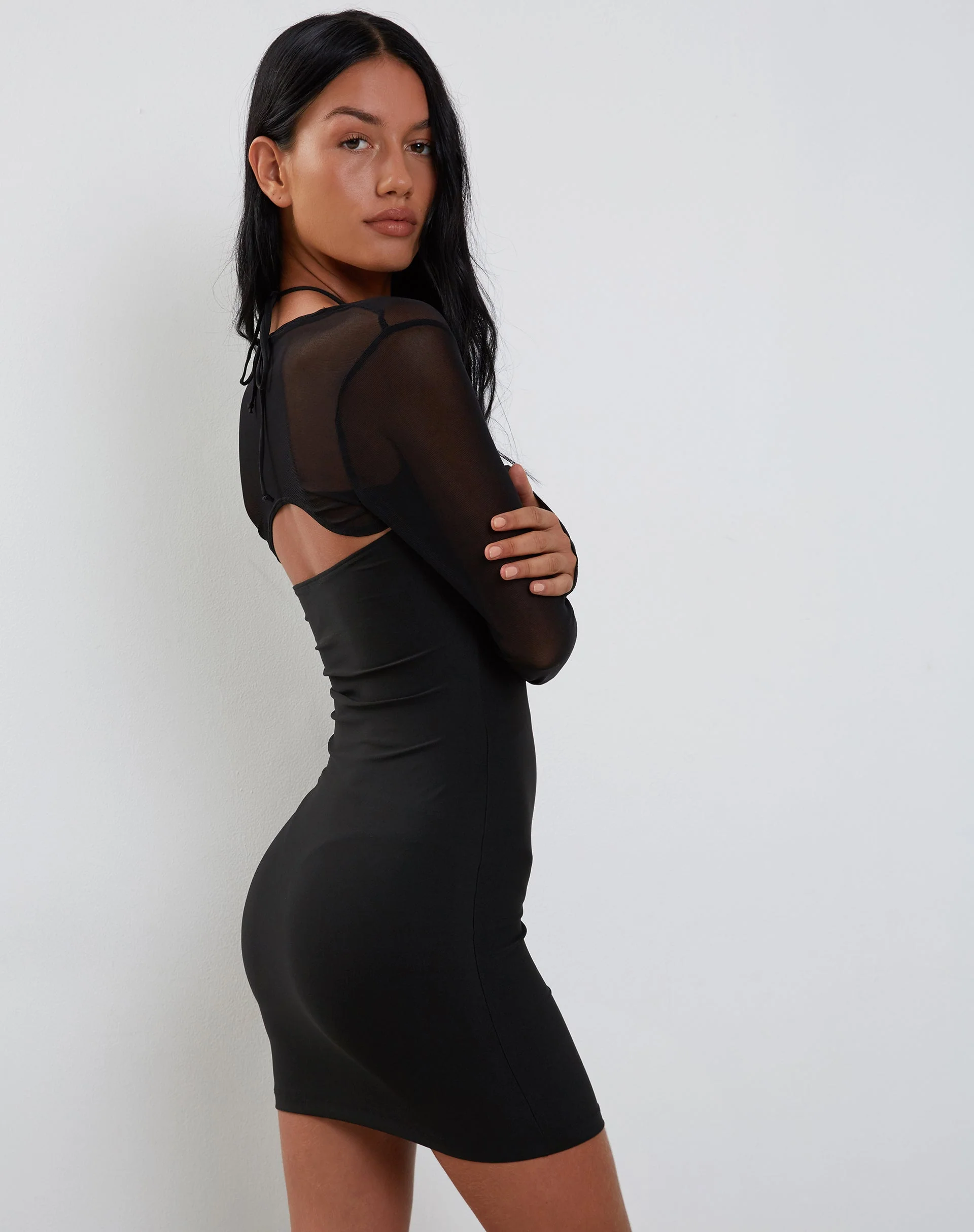 Deluna Long Sleeve Mini Dress in Black Lycra - Image 2