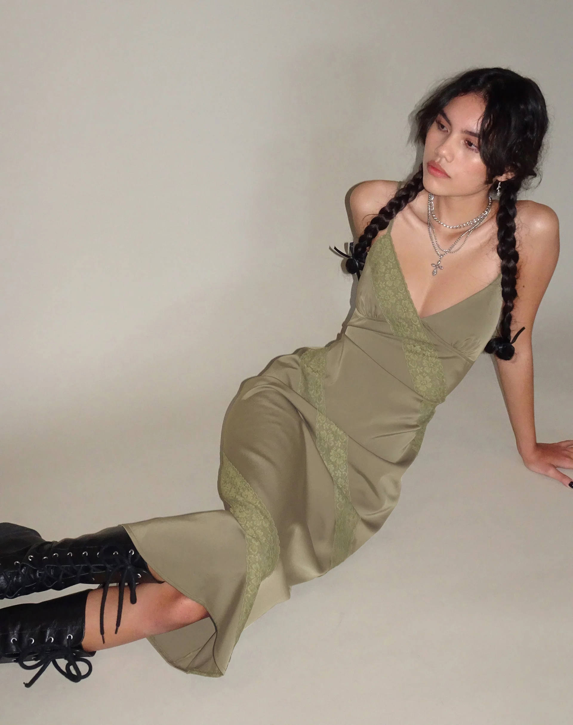 Deonne Midi Dress in Satin Avocado - Image 2