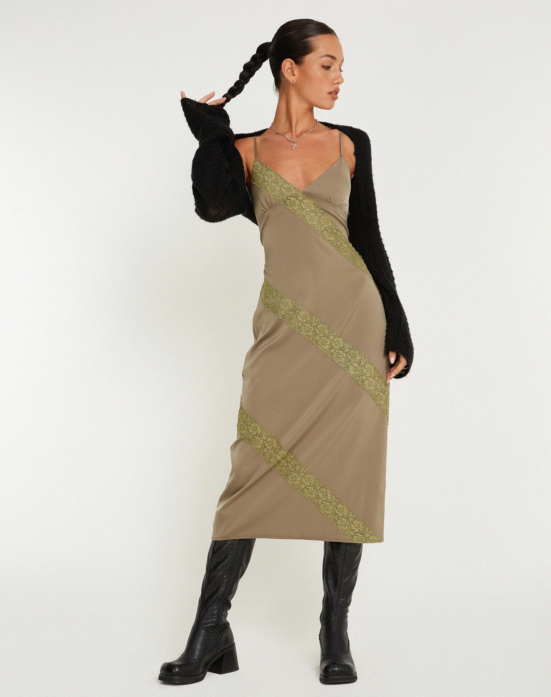Deonne Midi Dress in Satin Avocado - Image 3