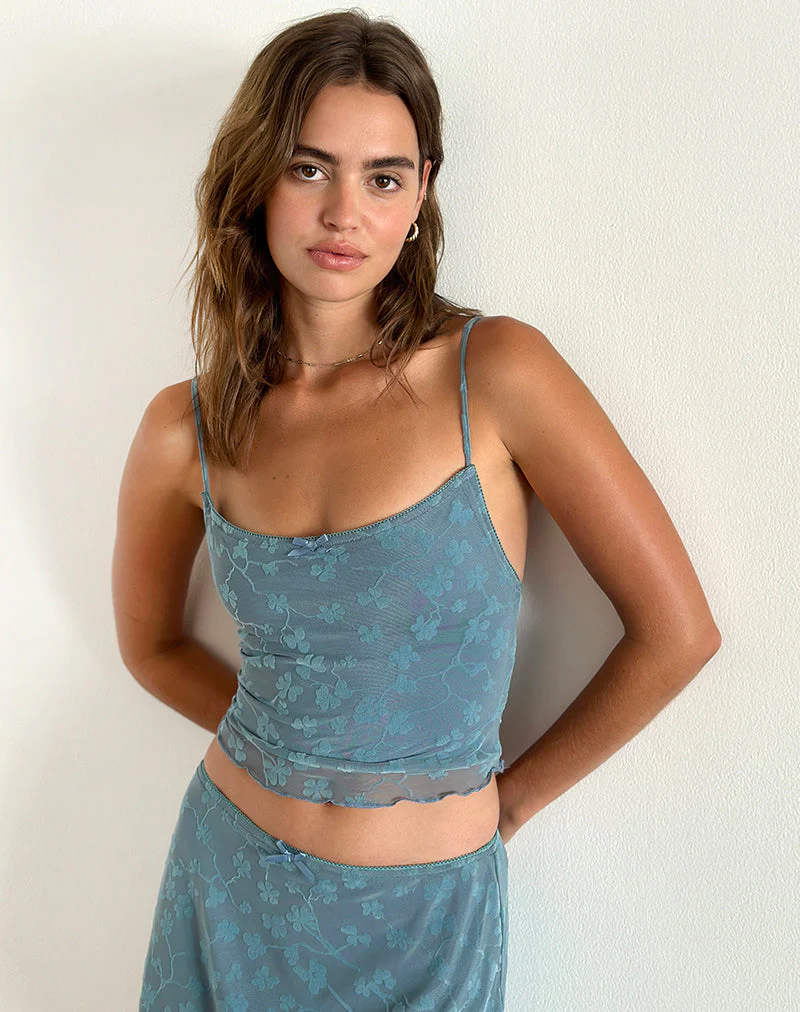 Deri Cami Top in Grunge Floral Blue Grey - Image 3