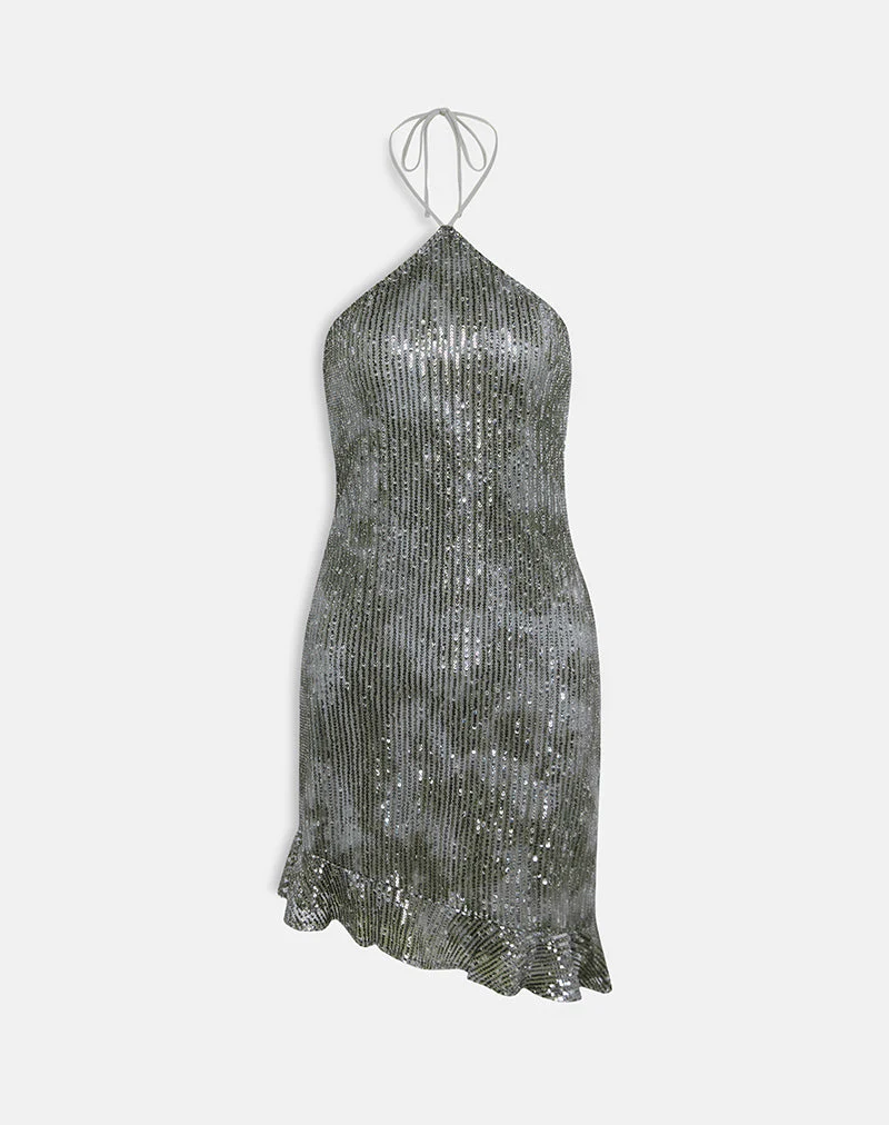 Dikta Asymmetric Mini Dress in Sequin Green Grey - Image 6