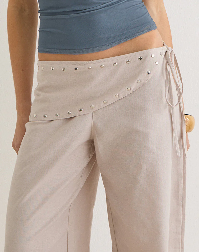 Doka Trouser in Stone Linen with Studs Trim - Image 2