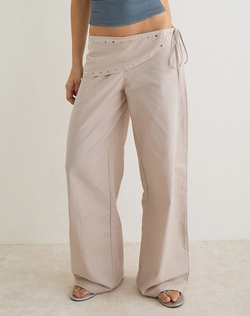 Doka Trouser in Stone Linen with Studs Trim - Image 3
