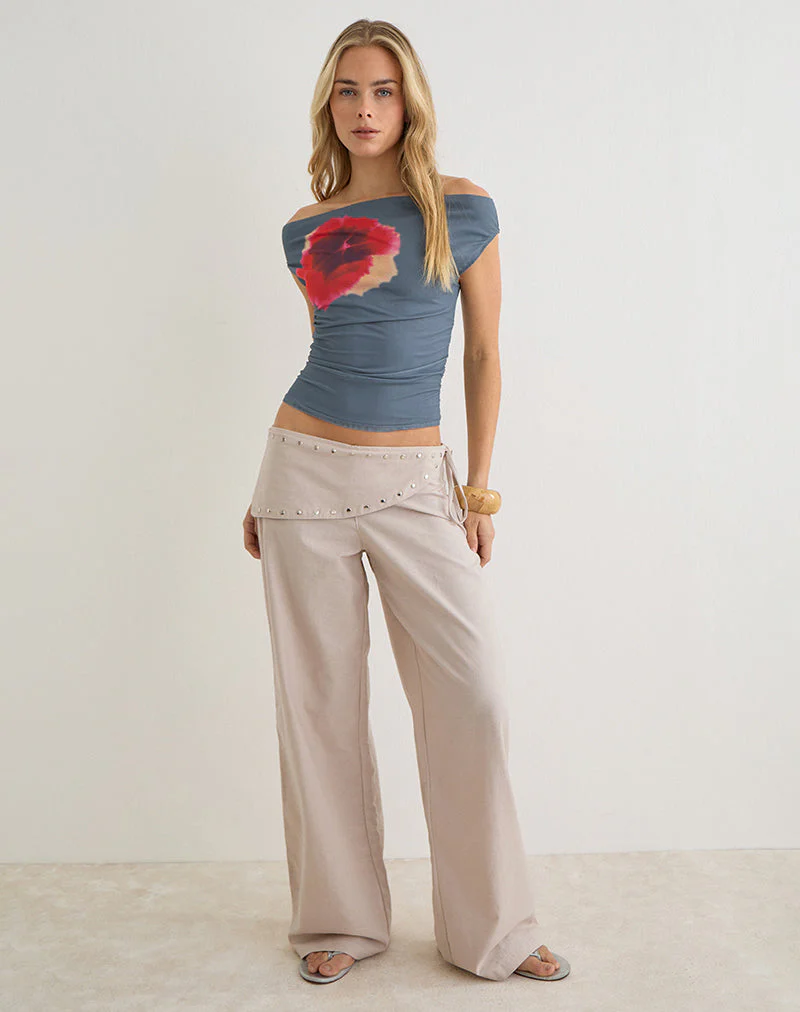 Doka Trouser in Stone Linen with Studs Trim - Image 4