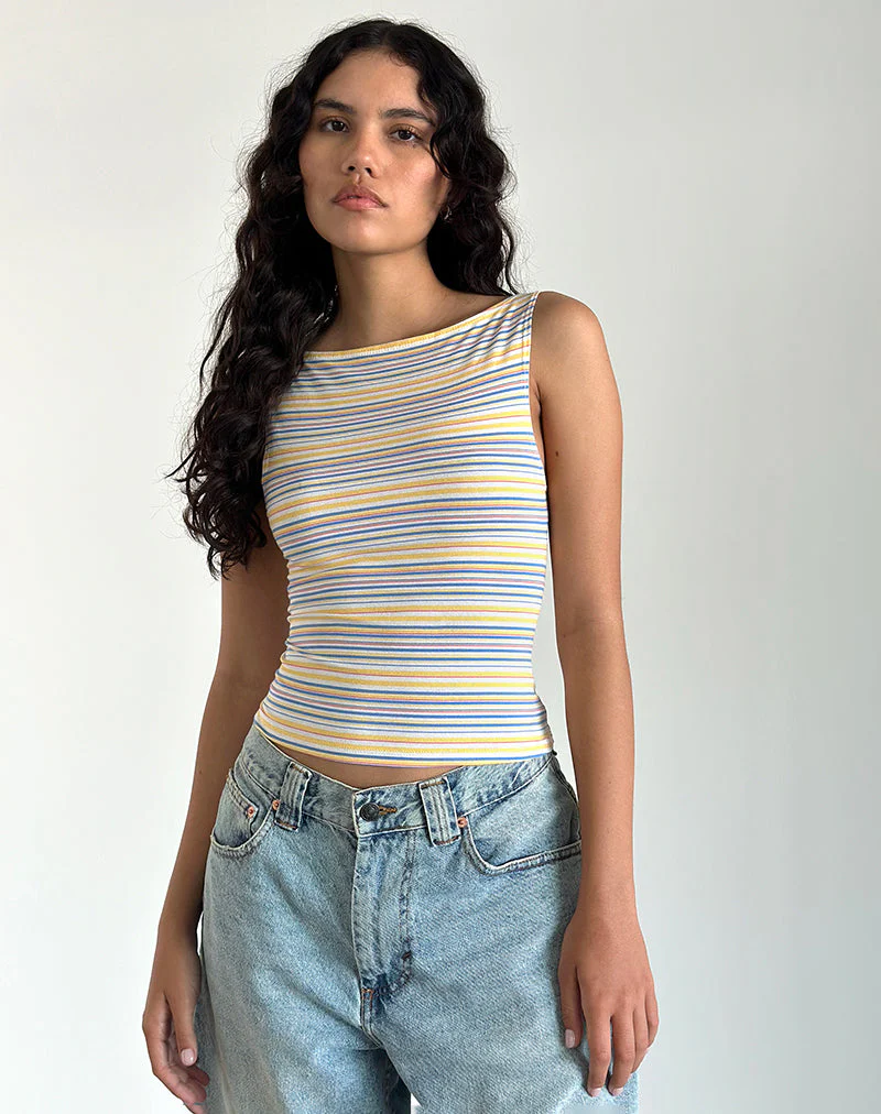 Dudley Vest Top in Blue, White and Yellow Stripe - Image 2