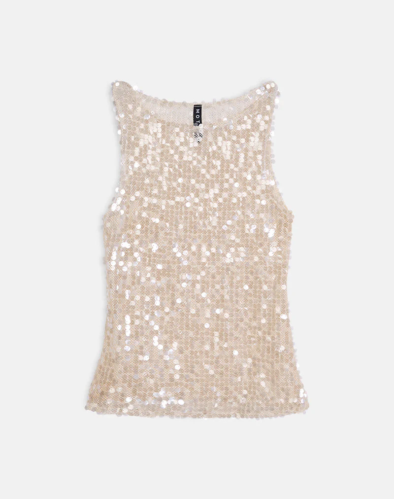 Dudley Vest Top in Sequin Crochet Cream - Image 6