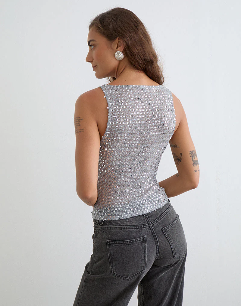 Dudley Vest Top in Sequin Knit Dark Silver - Image 5