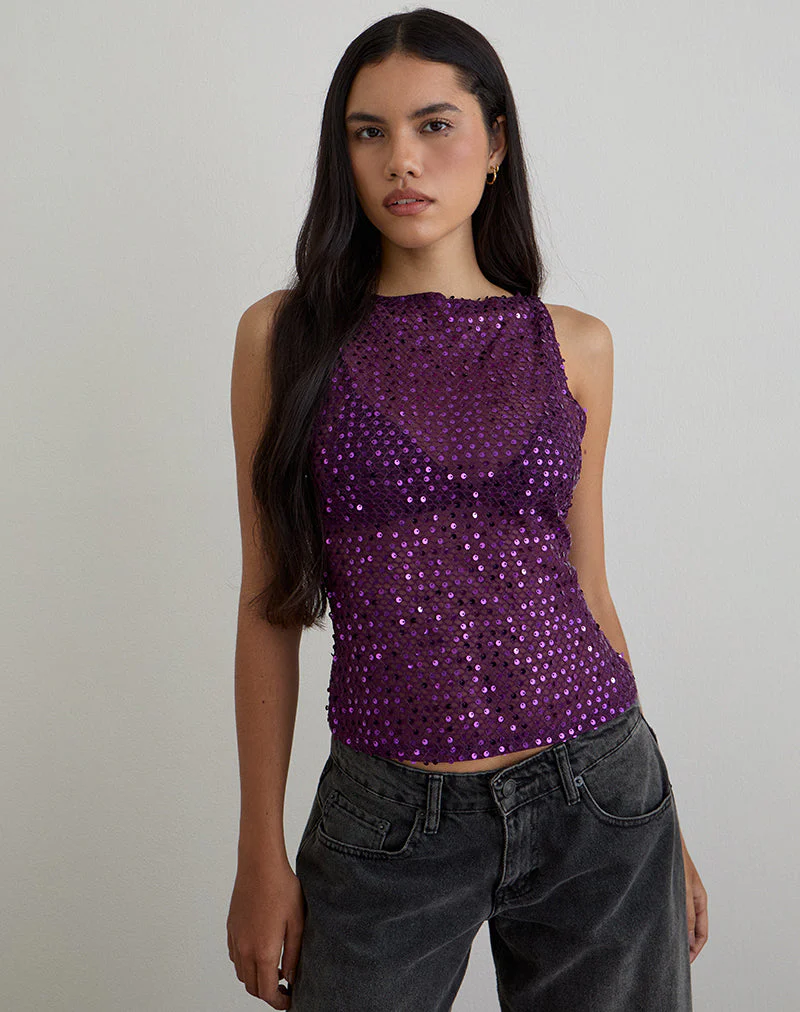 Dudley Vest Top in Sequin Knit Plum Wine - Image 5