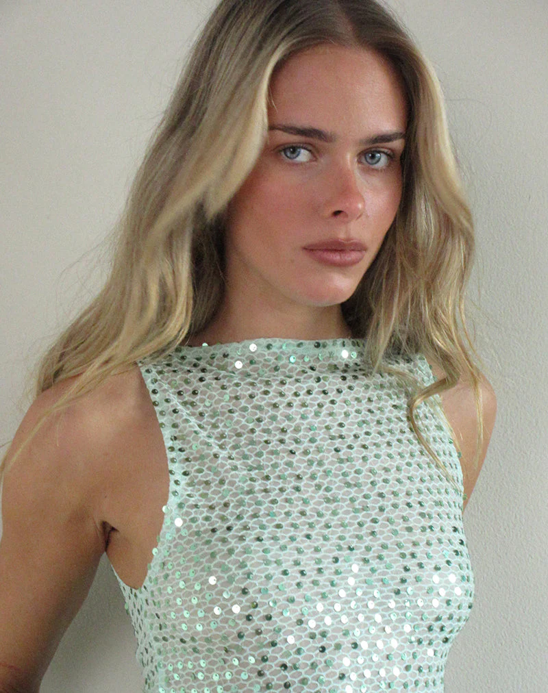 Dudley Vest Top in Sequin Knit Aqua Blue - Image 6