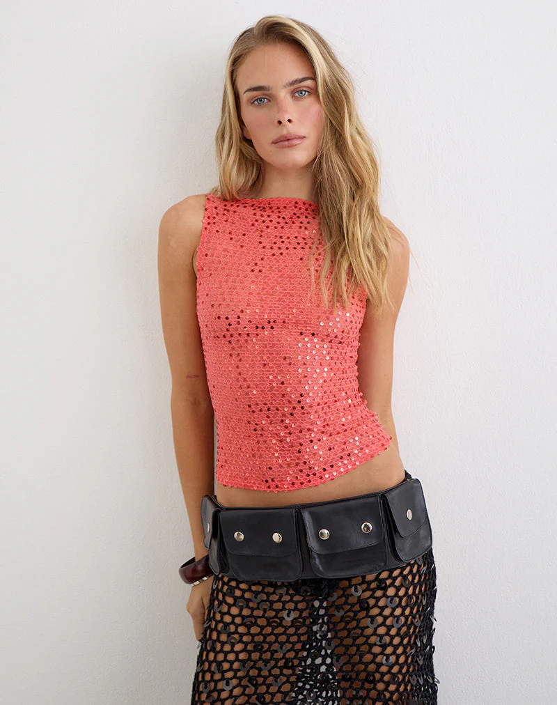 Dudley Vest Top in Sequin Knit Coral - Image 5
