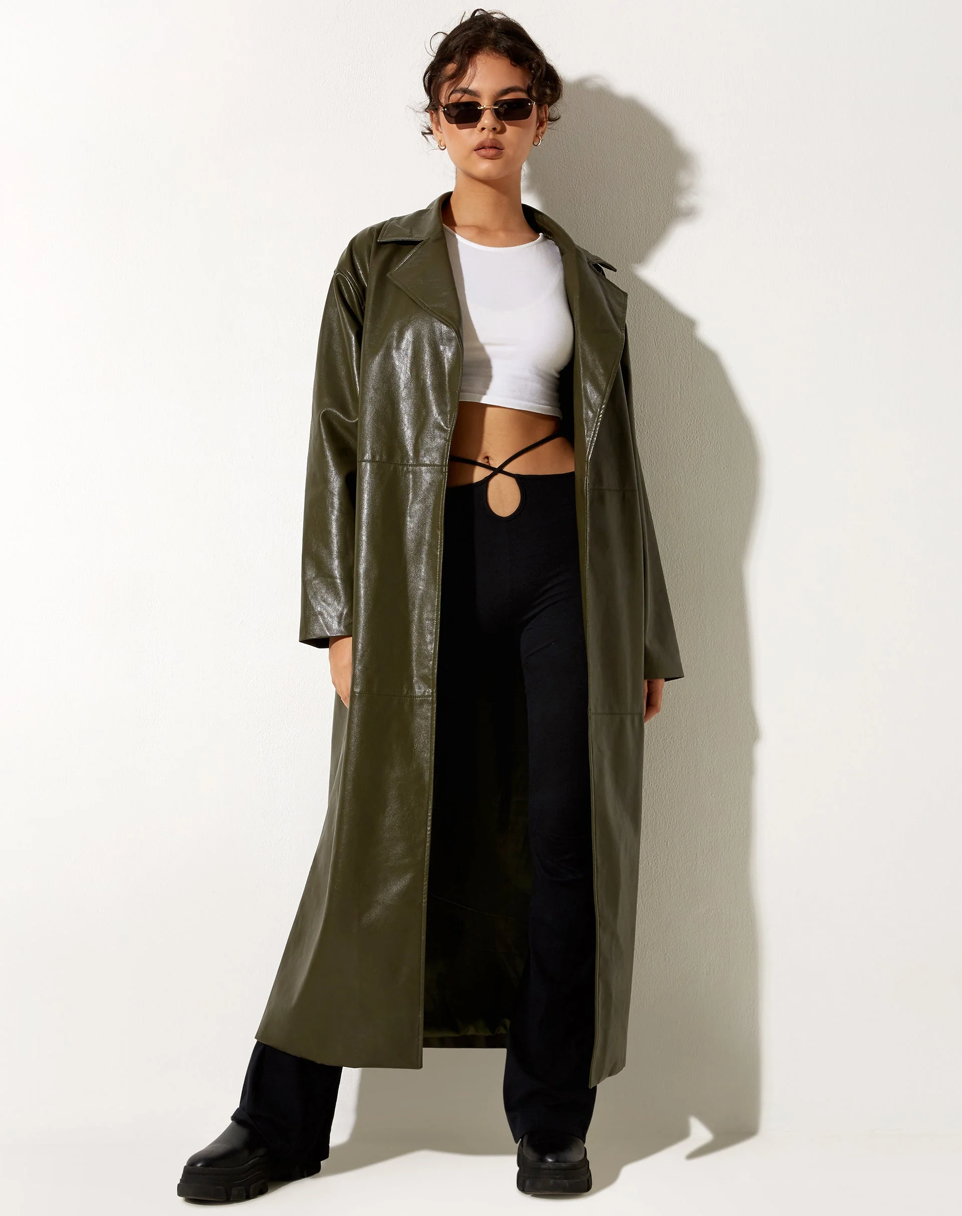 Ejo Trench Coat in PU Dark Olive - Image 3