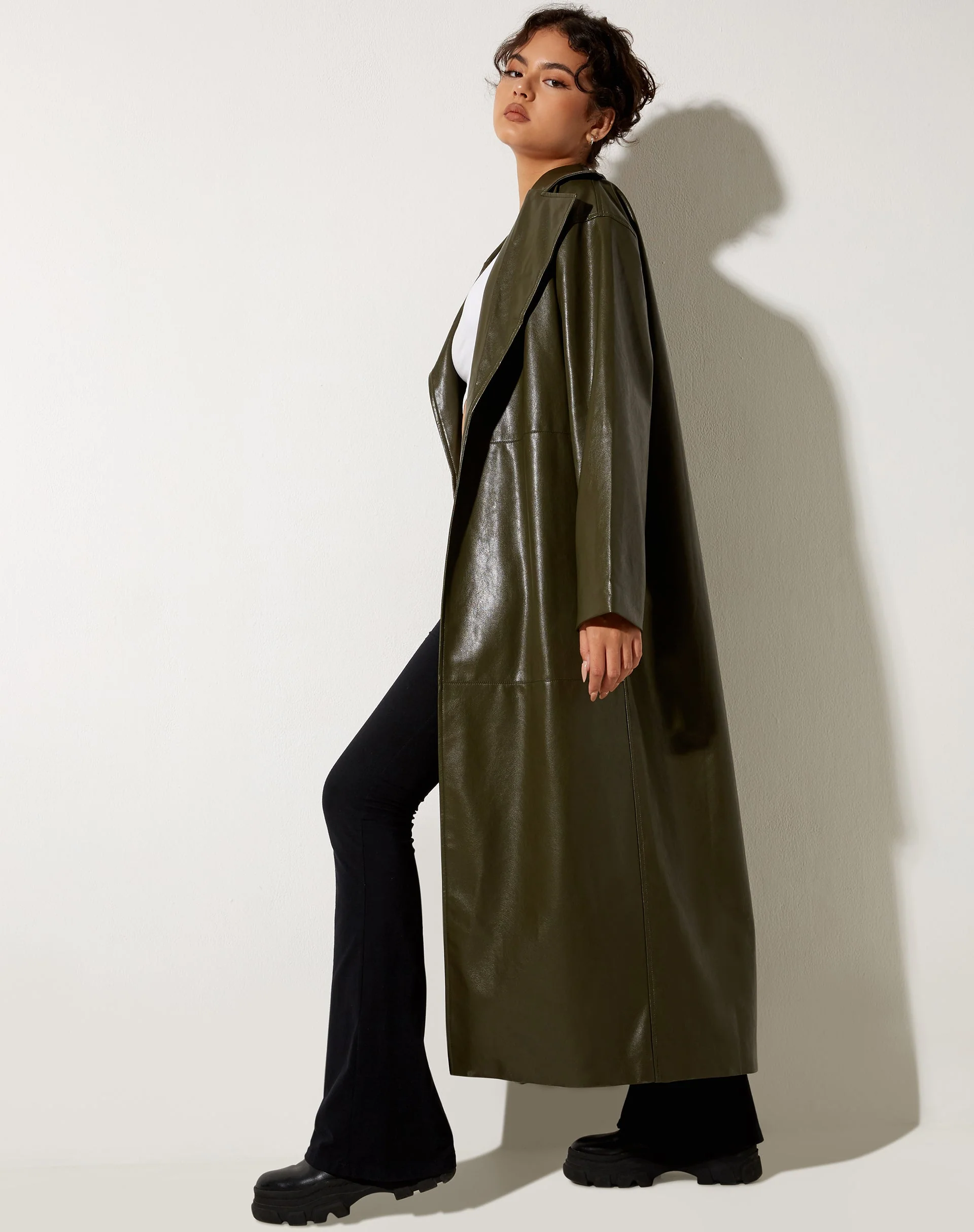 Ejo Trench Coat in PU Dark Olive - Image 4