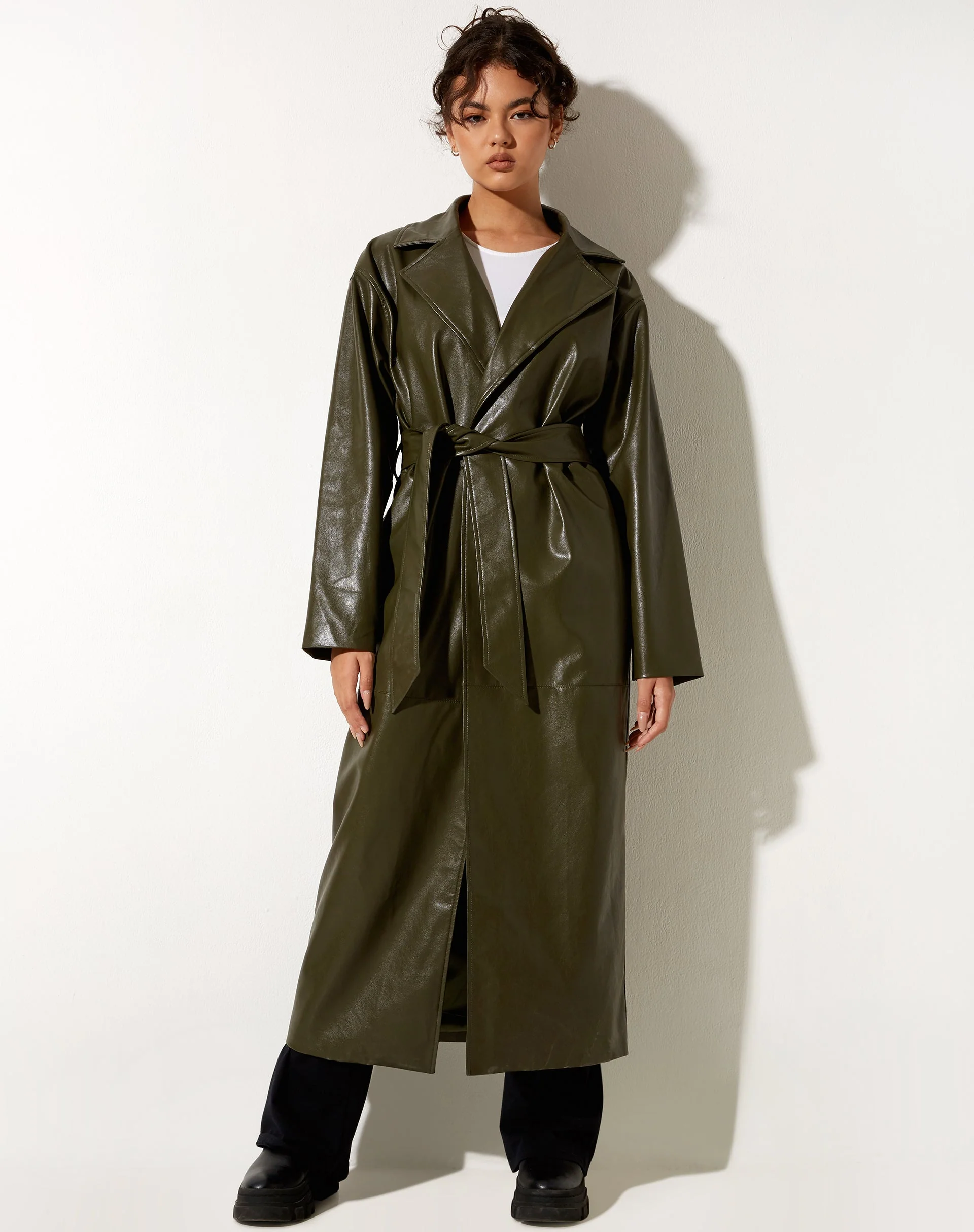 Ejo Trench Coat in PU Dark Olive - Image 5