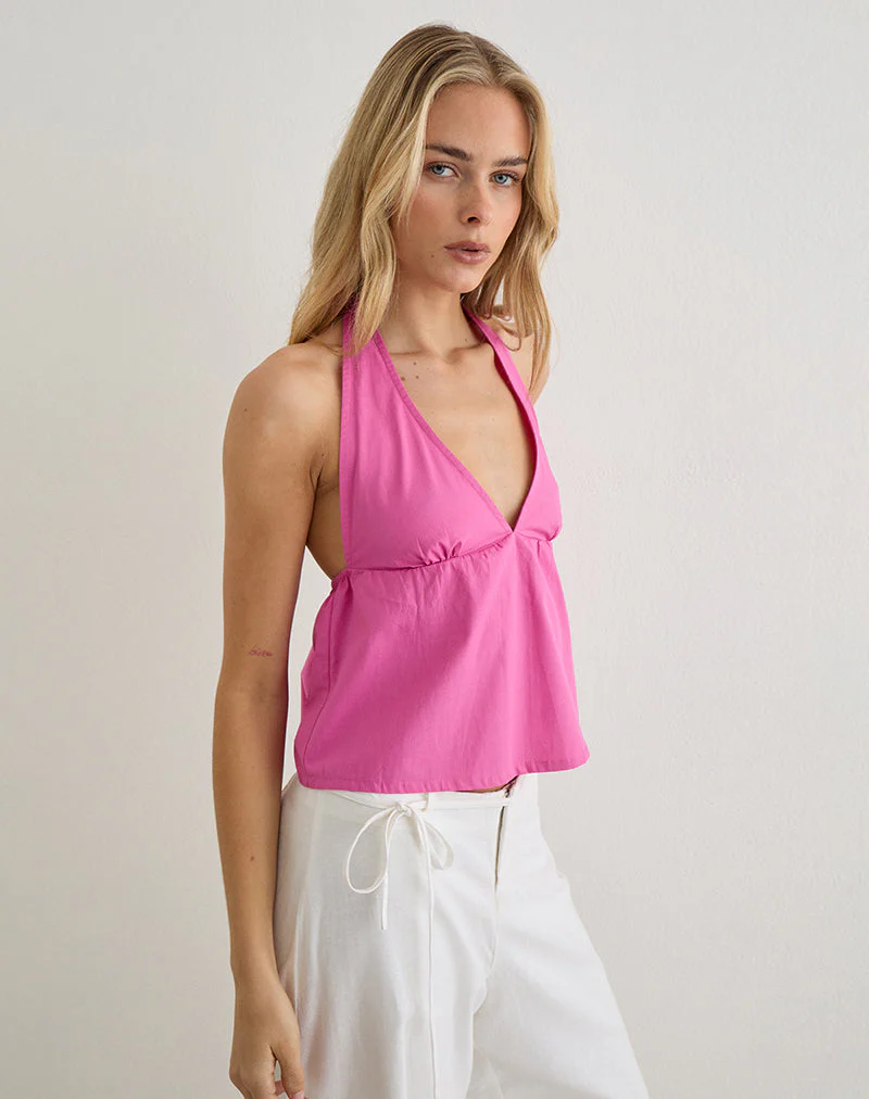 Eldana Halterneck Top in Poplin Pink Rose - Image 2