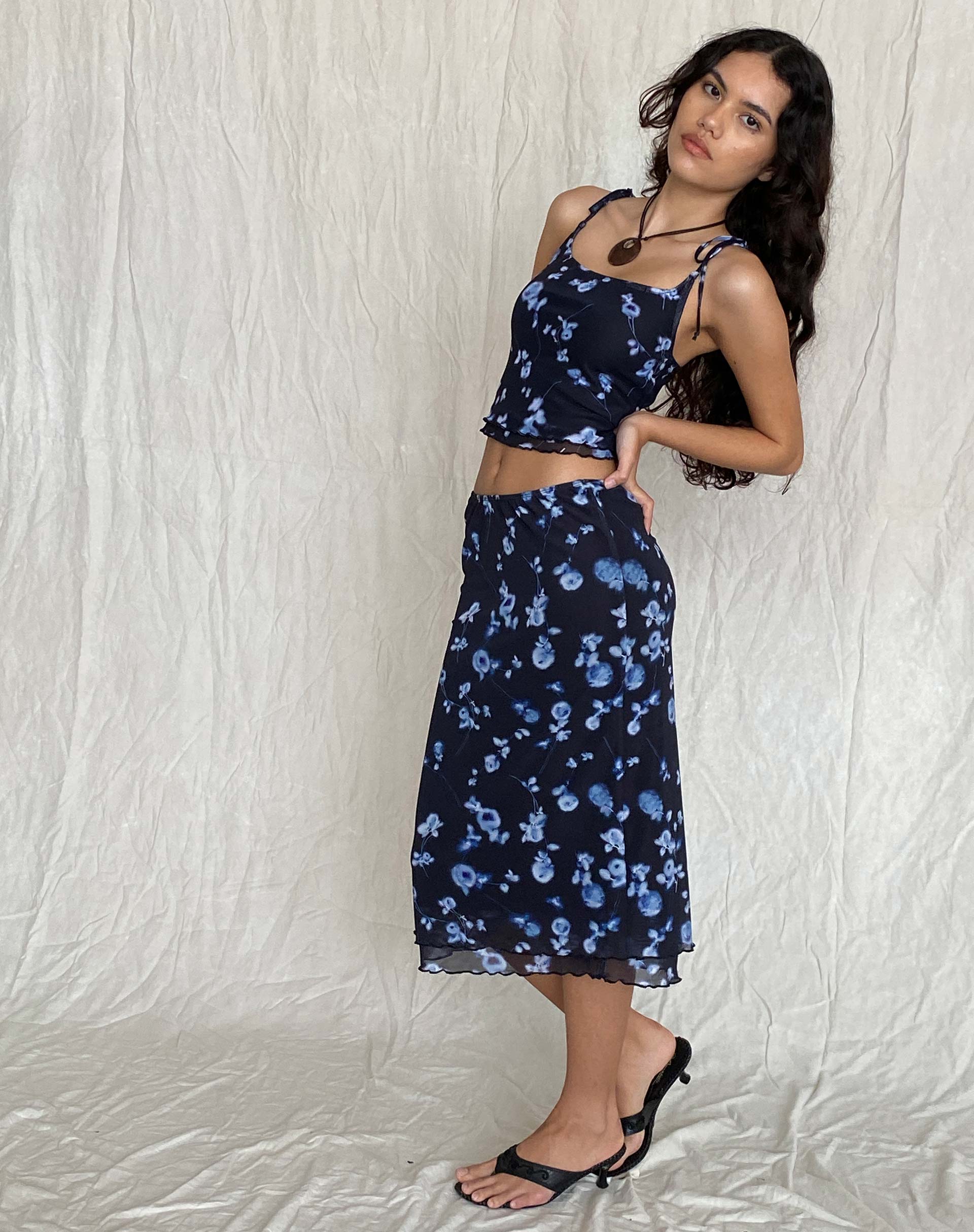 Eldonia Midi Skirt in Mesh Navy Diffused Floral - Image 2