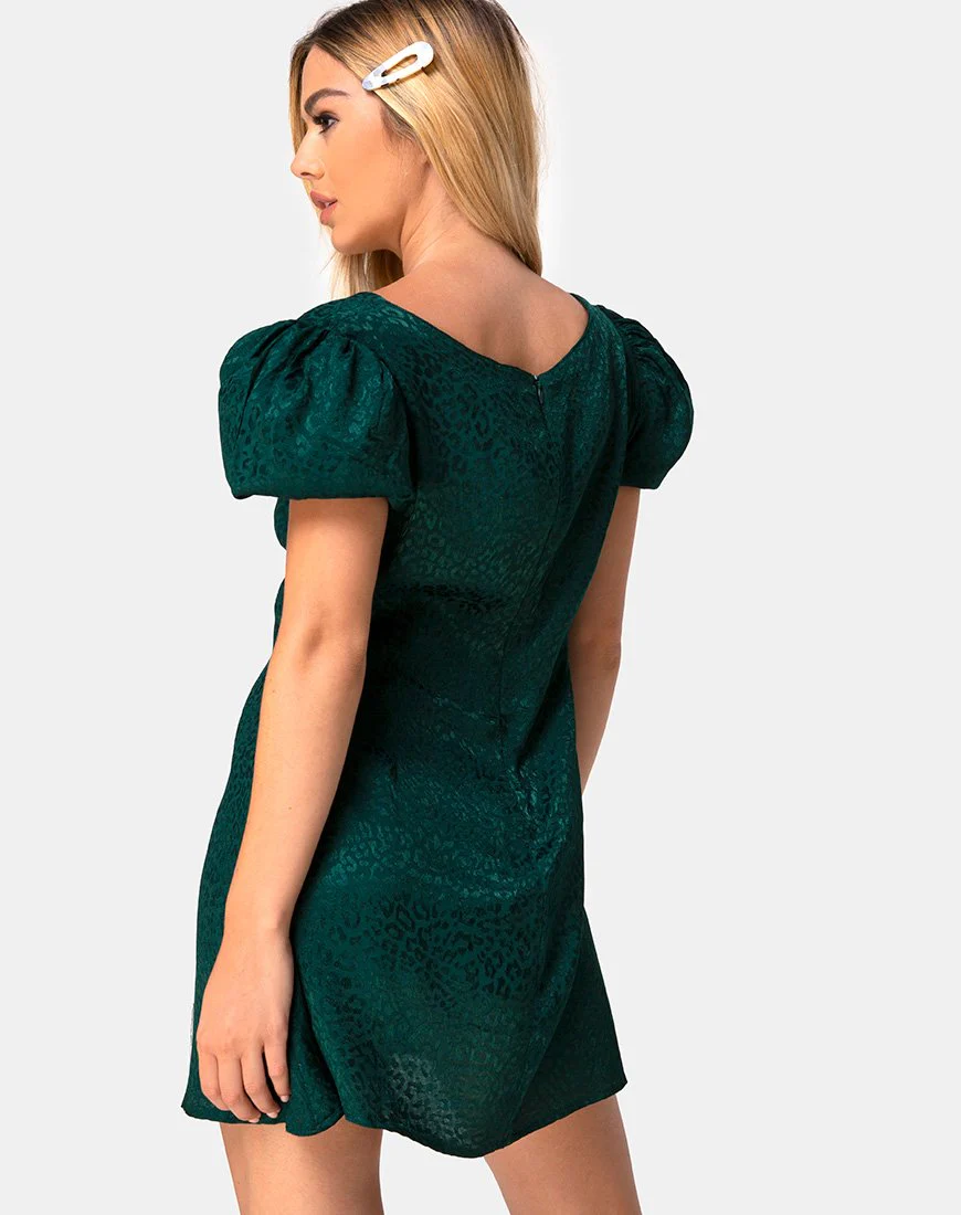 Elfy Mini Dress in Satin Cheetah Forest Green - Image 2