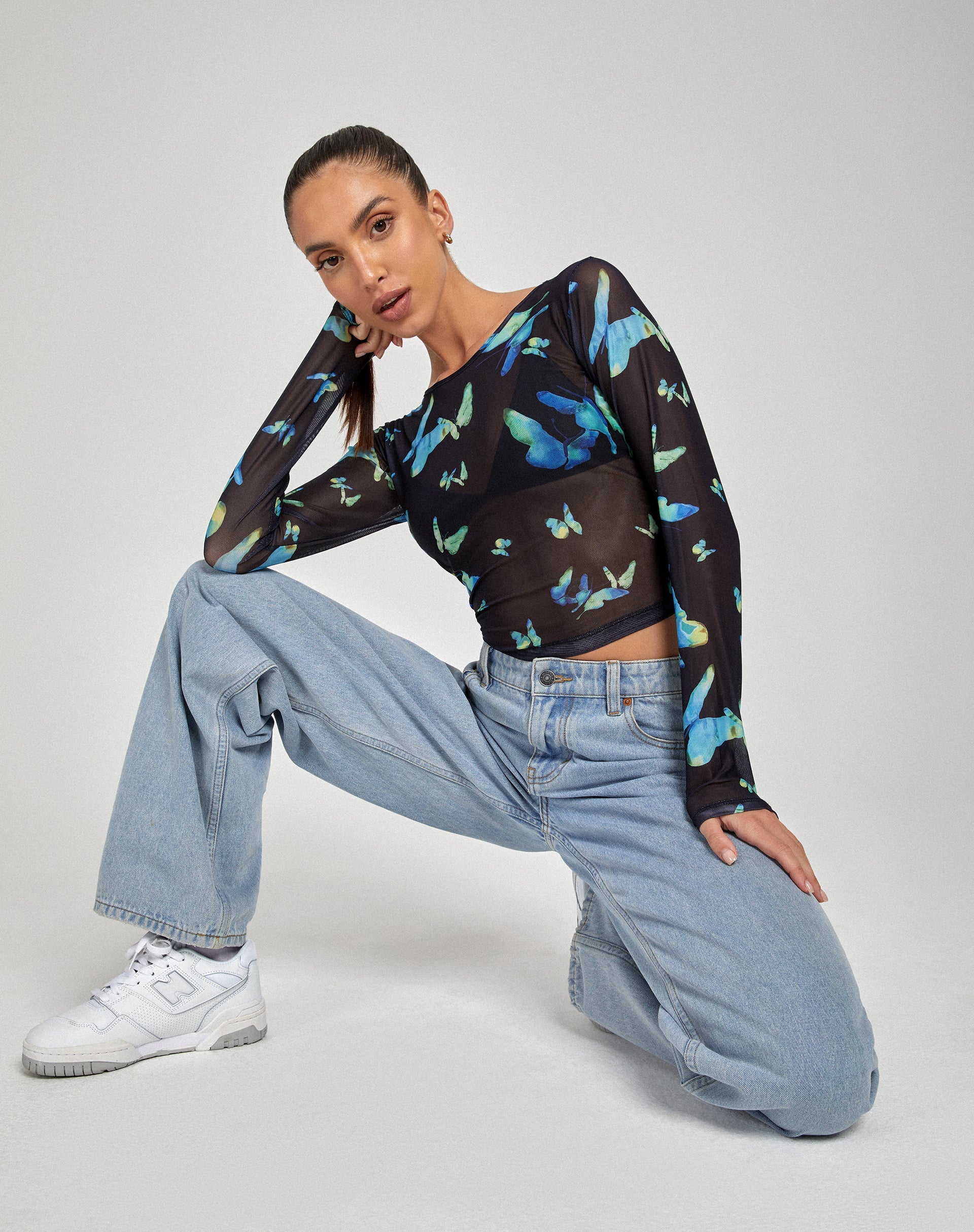 Elijah Long Sleeve Top in Butterfly Watercolour Black - Image 3