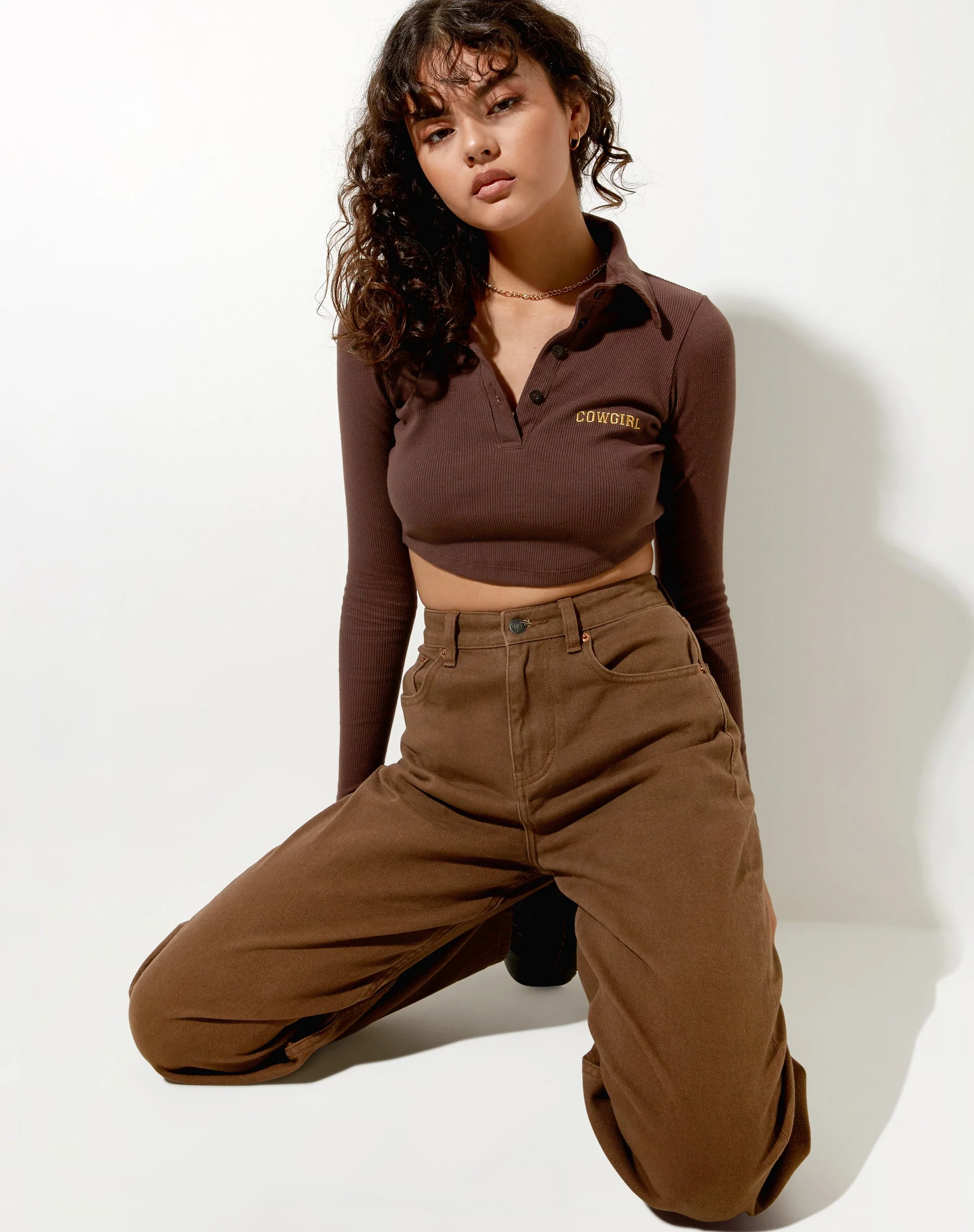 Elody Crop Top in Rib Deep Mahogany Cowgirl Embro - Image 3