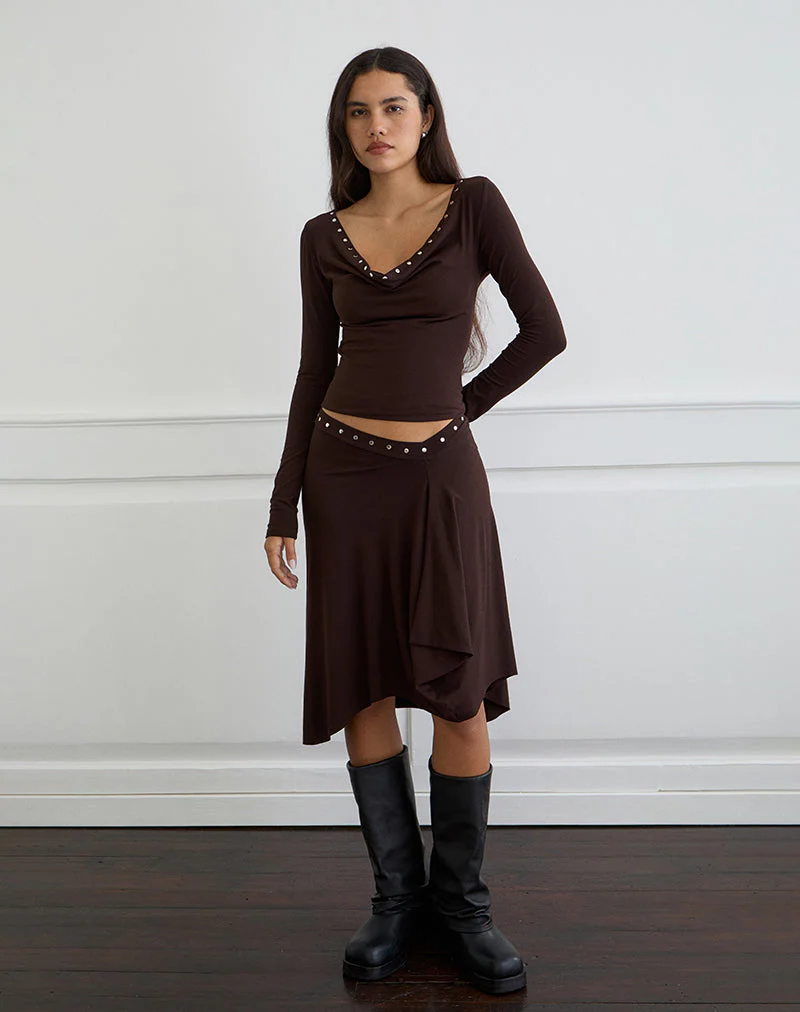 Emera Midi Skirt with Studs in Bitter Chocolate - Image 2