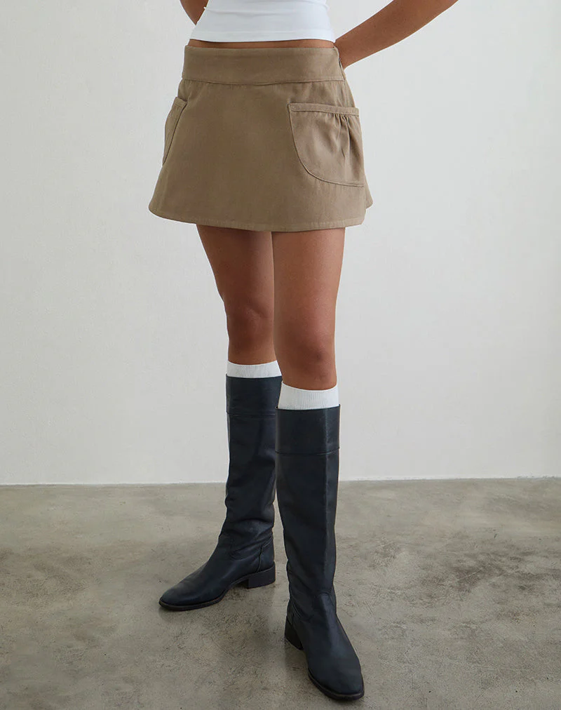 Enyo Mini Skirt in Twill Khaki with Side Pocket - Image 5